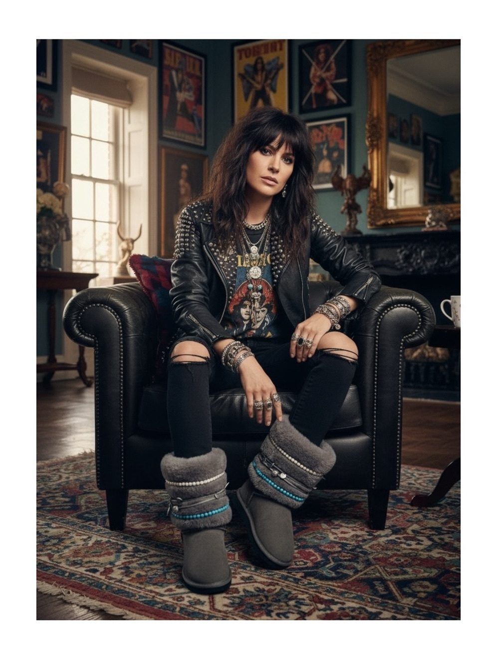Rare: Tylie Malibu ✿ Turquoise Bead Embellished Shearling Boots Boot ✿ Slate ✿ 7